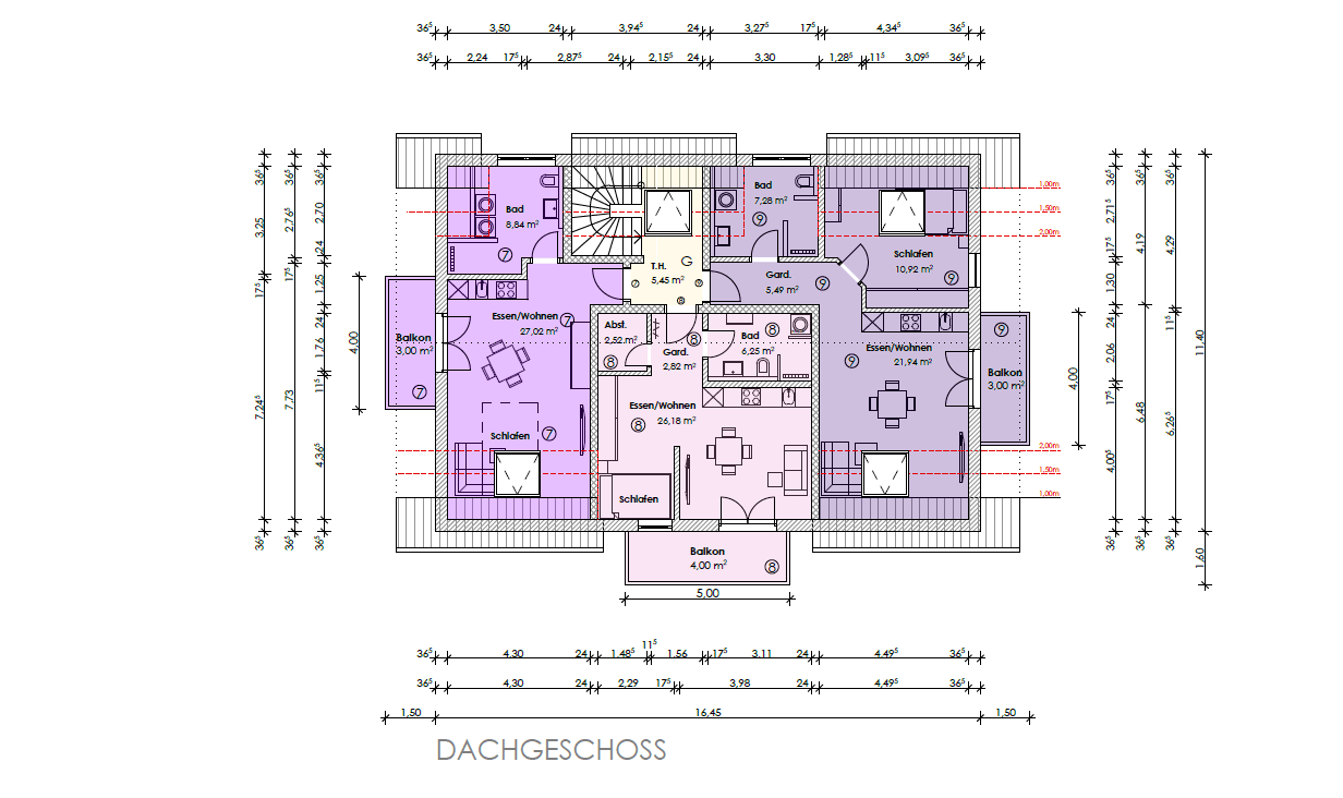 Grundriss Wohnung Nr. 8 helllila, mittig markiert